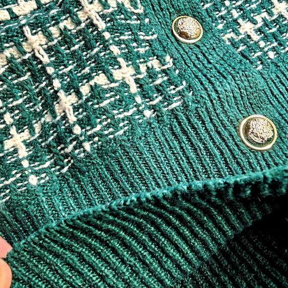 * New Chic Plaid Tweed Knit Cardigan Sweater Dark Green White - Picture 10 of 10